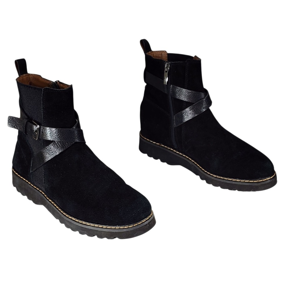 Donald Pliner Ankle Boots sz 7M Women Black Suede Leather Strap Buckle Flat BOHO